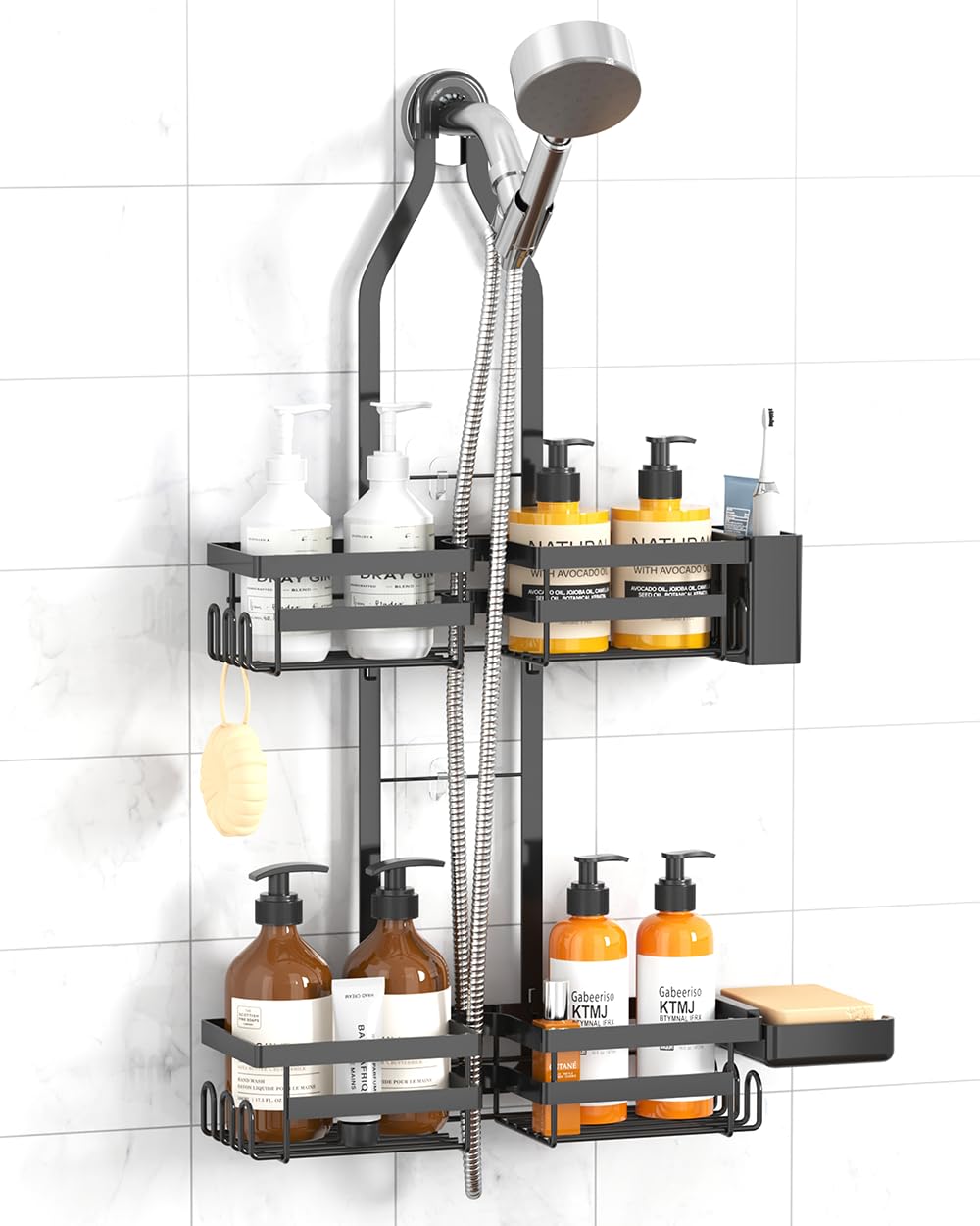 Gabeeriso over-the-shower-head caddy front view with two baskets and soap holder.