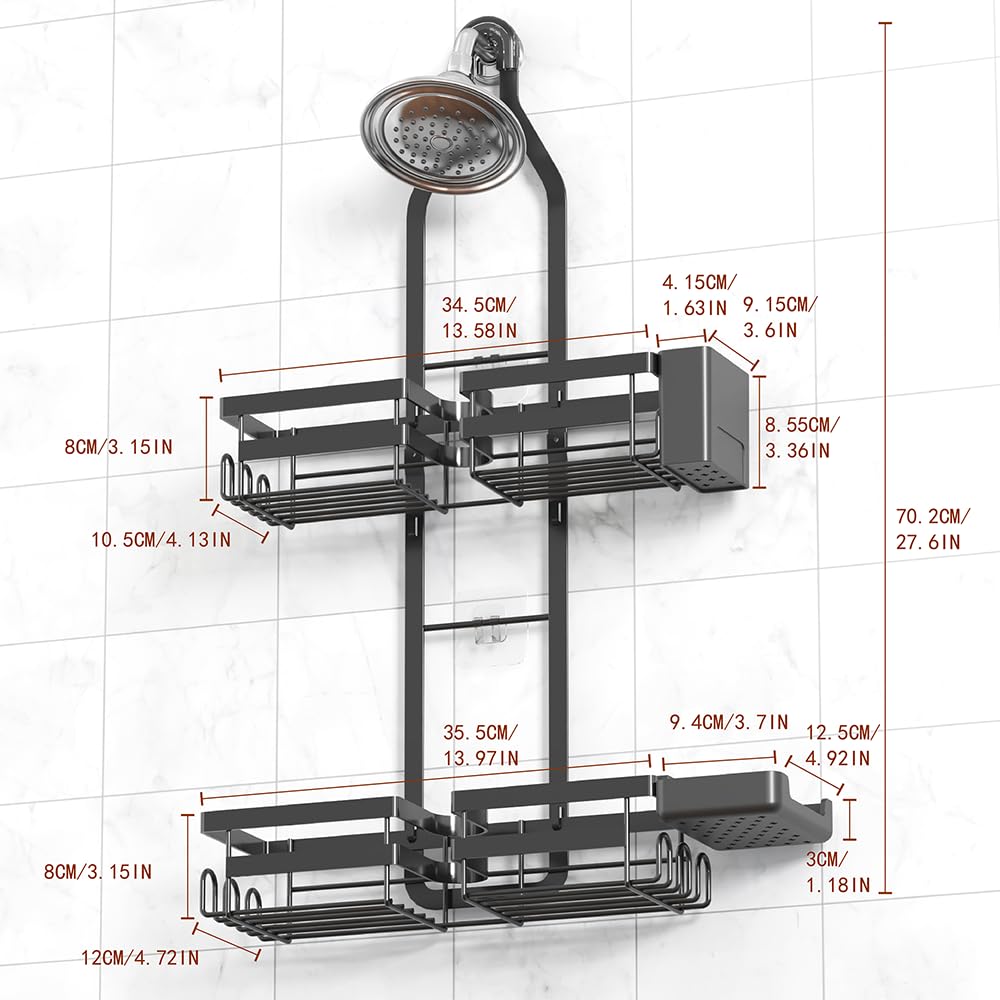 Gabeeriso caddy middle-slot design demonstrates compatibility with fixed and handheld shower heads.