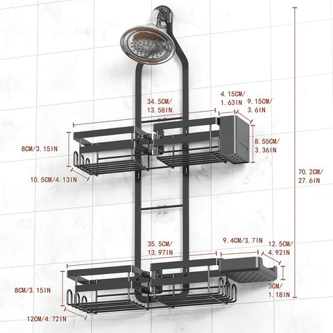 Gabeeriso caddy middle-slot design demonstrates compatibility with fixed and handheld shower heads.