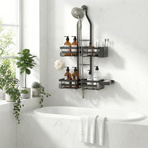 Gabeeriso two-tier shelf includes toothbrush and soap holders for daily routines.