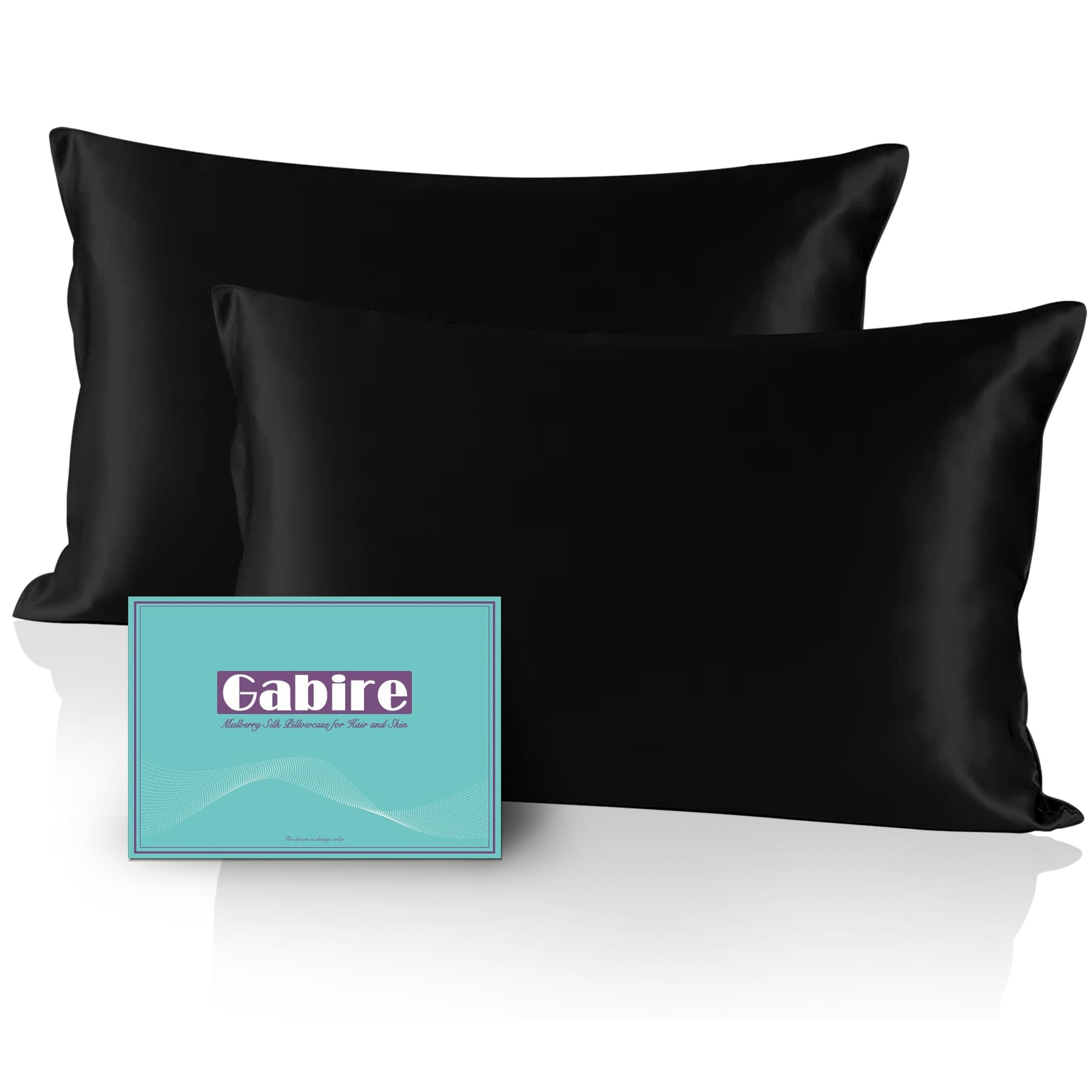 Gabire mulberry silk pillowcase two-pack in black 20x36 for smooth skin and hair.
