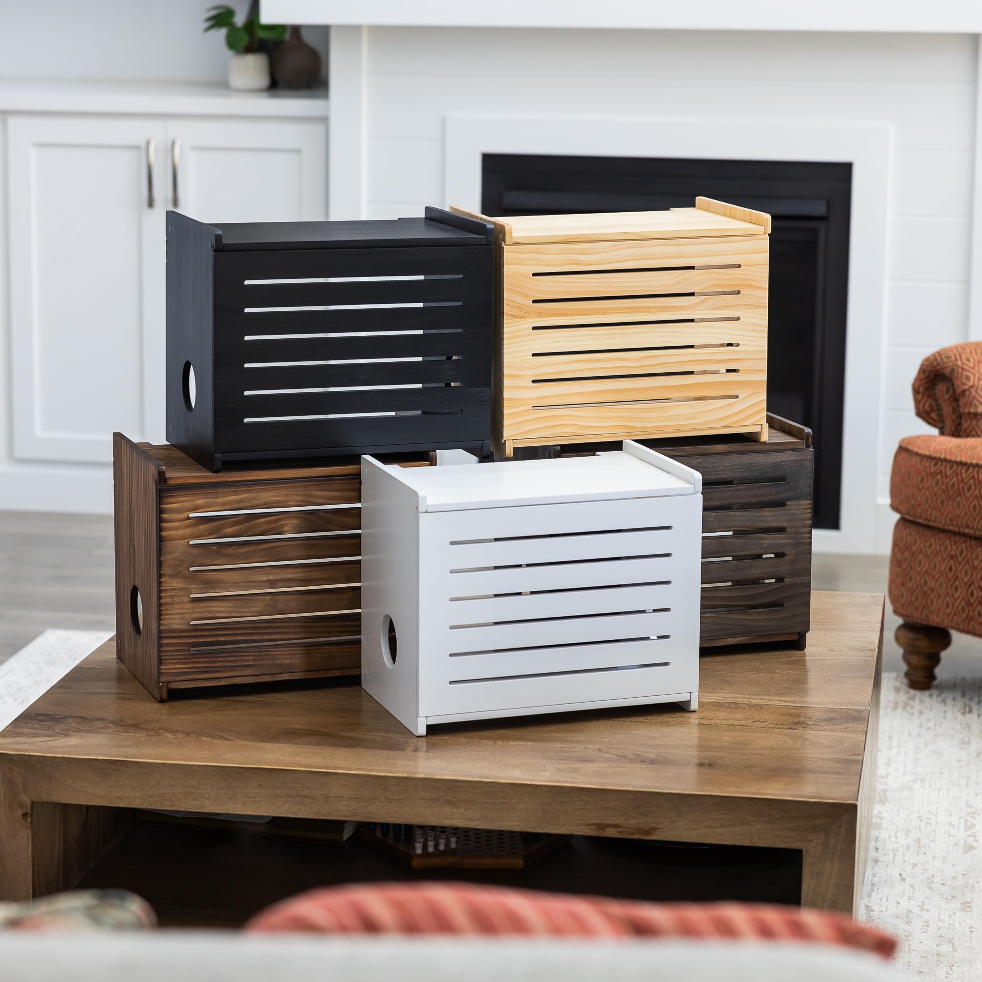 Gadget Garage espresso finish pairs with modern furniture while hiding wires.