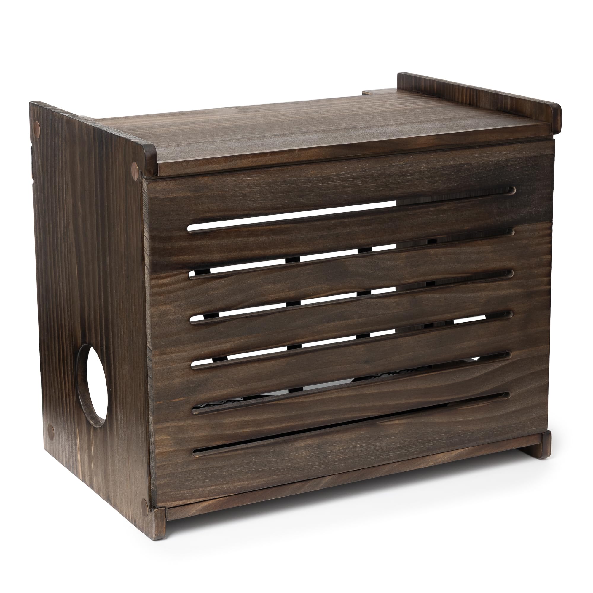 Gadget Garage wooden router box in espresso, wall-mount elevates home organization.