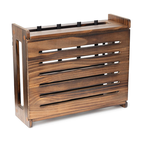 Gadget Garage wooden router storage box front view with concealed cables and sleek finish.