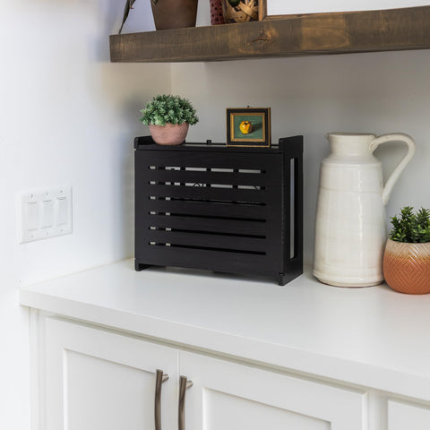 Gadget Garage wooden WiFi router storage box with cable management system keeps wires neatly grouped.