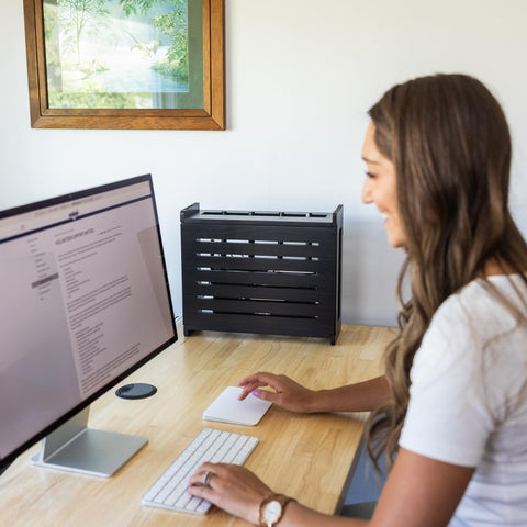 Gadget Garage wooden WiFi router storage box five finishes offer versatile styling options.