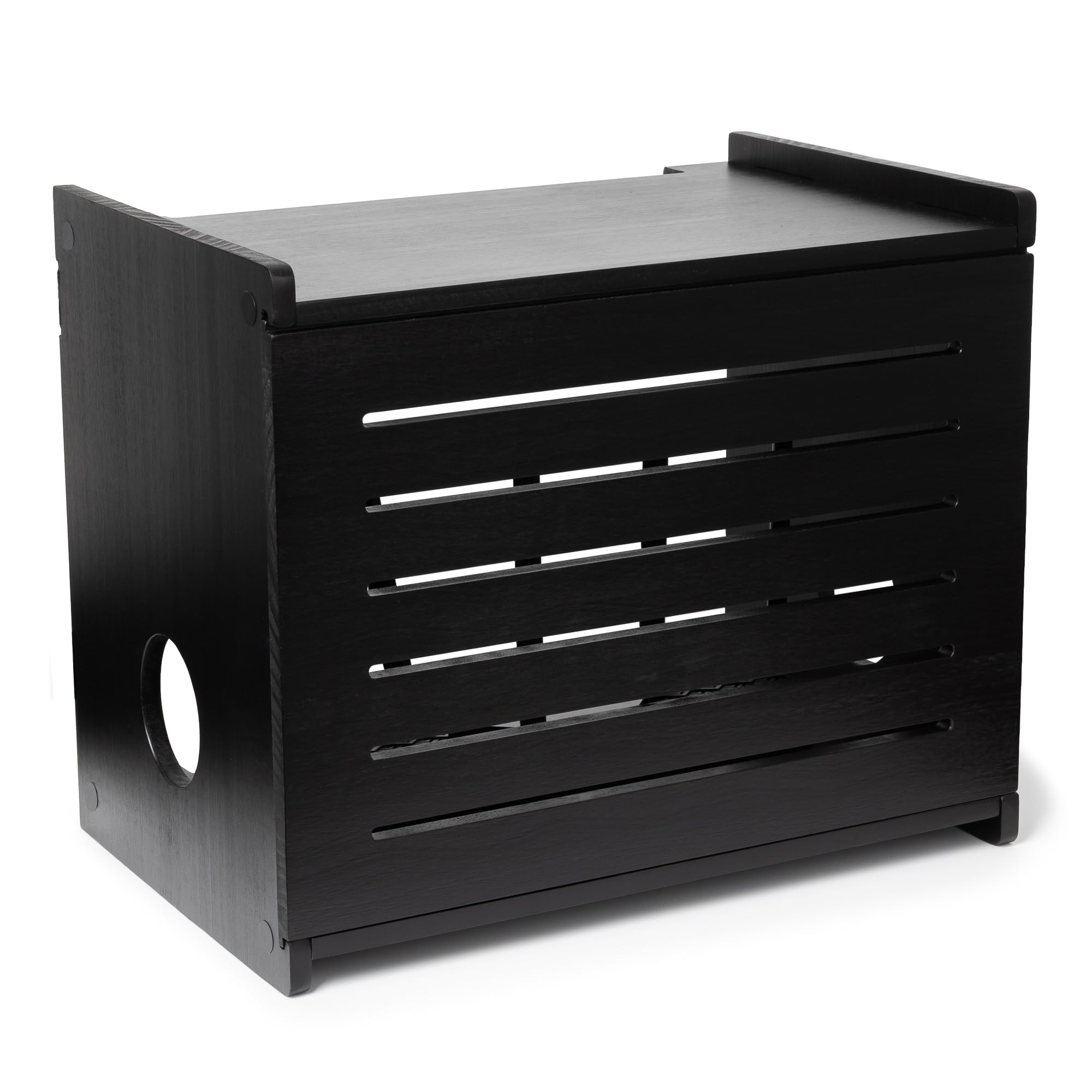 Gadget Garage wooden wifi router storage box front view with rustic finish and cable-friendly design.