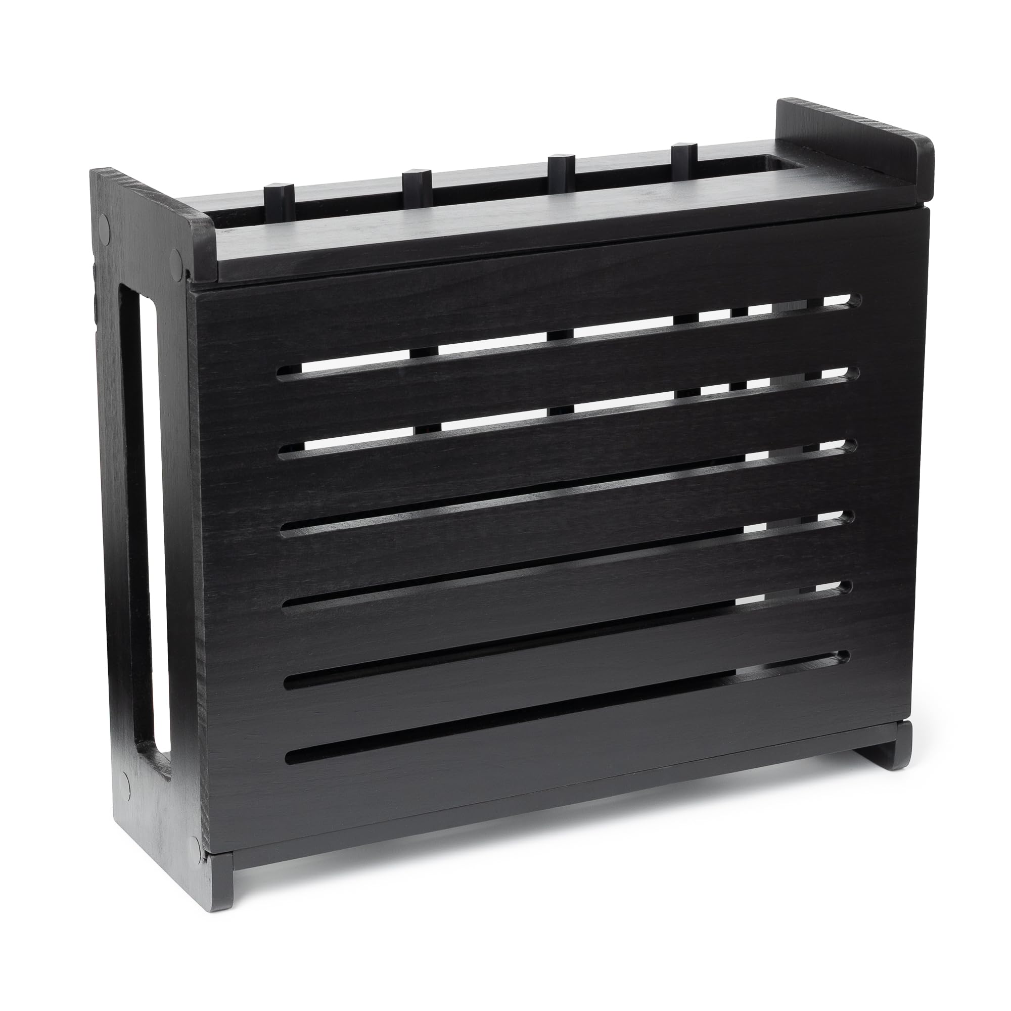Gadget Garage wooden WiFi router storage box front view showcases rustic elegance and hidden cables.