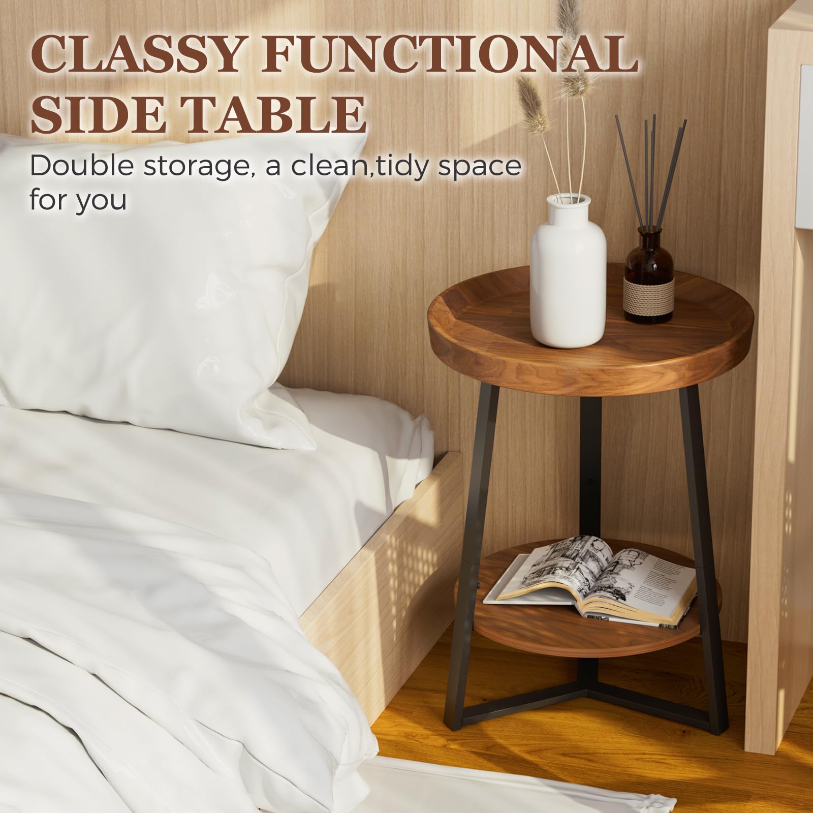 Gadroad round end table 2-tier shelves for books and remotes within reach