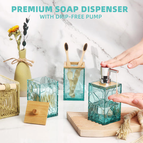 GAHEFY Teal Blue Soap Dispenser with bamboo accent offers a crystal-like finish and easy refills