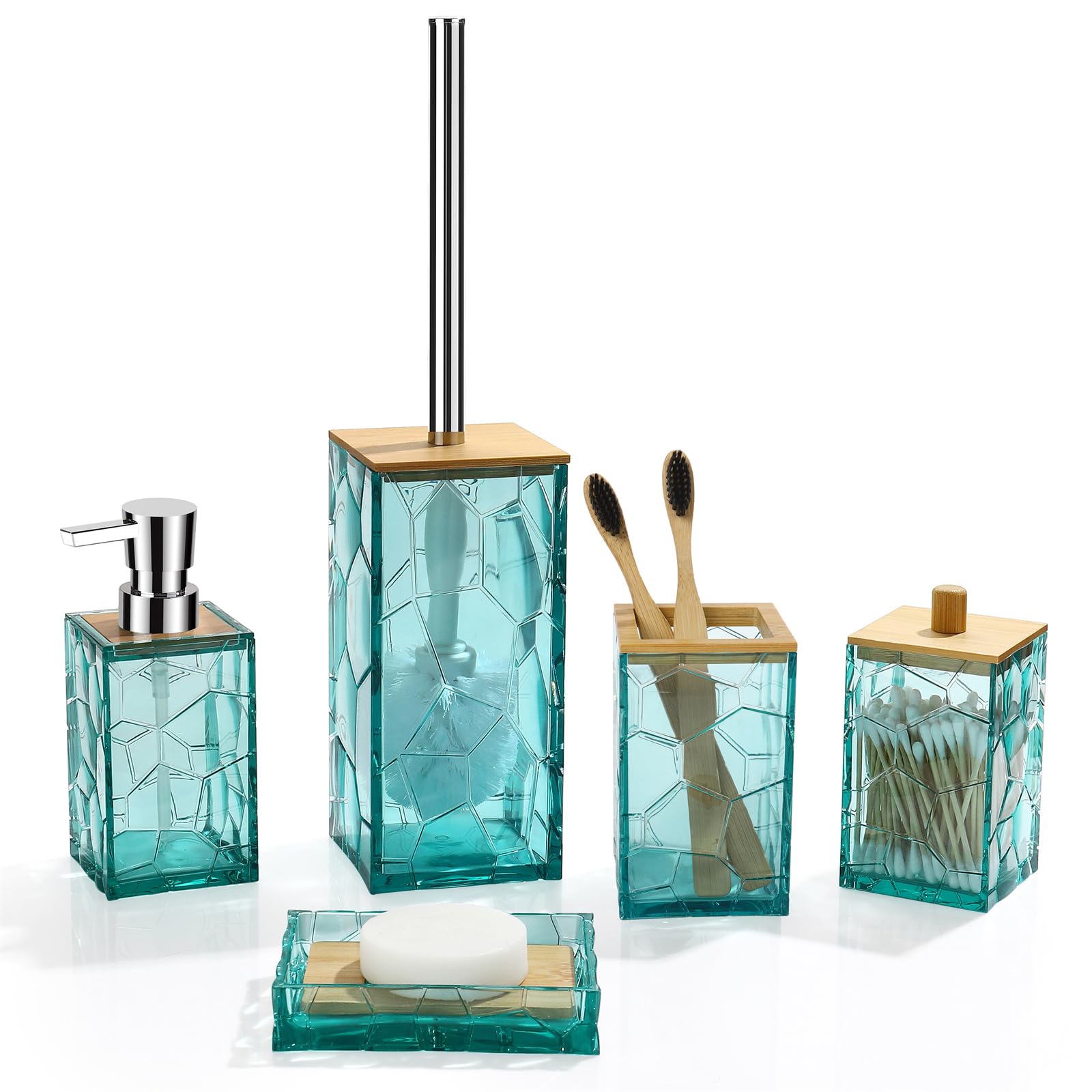 GAHEFY Teal Blue Toothbrush Holder, crystal-clear acrylic and bamboo accents for tidy counter storage