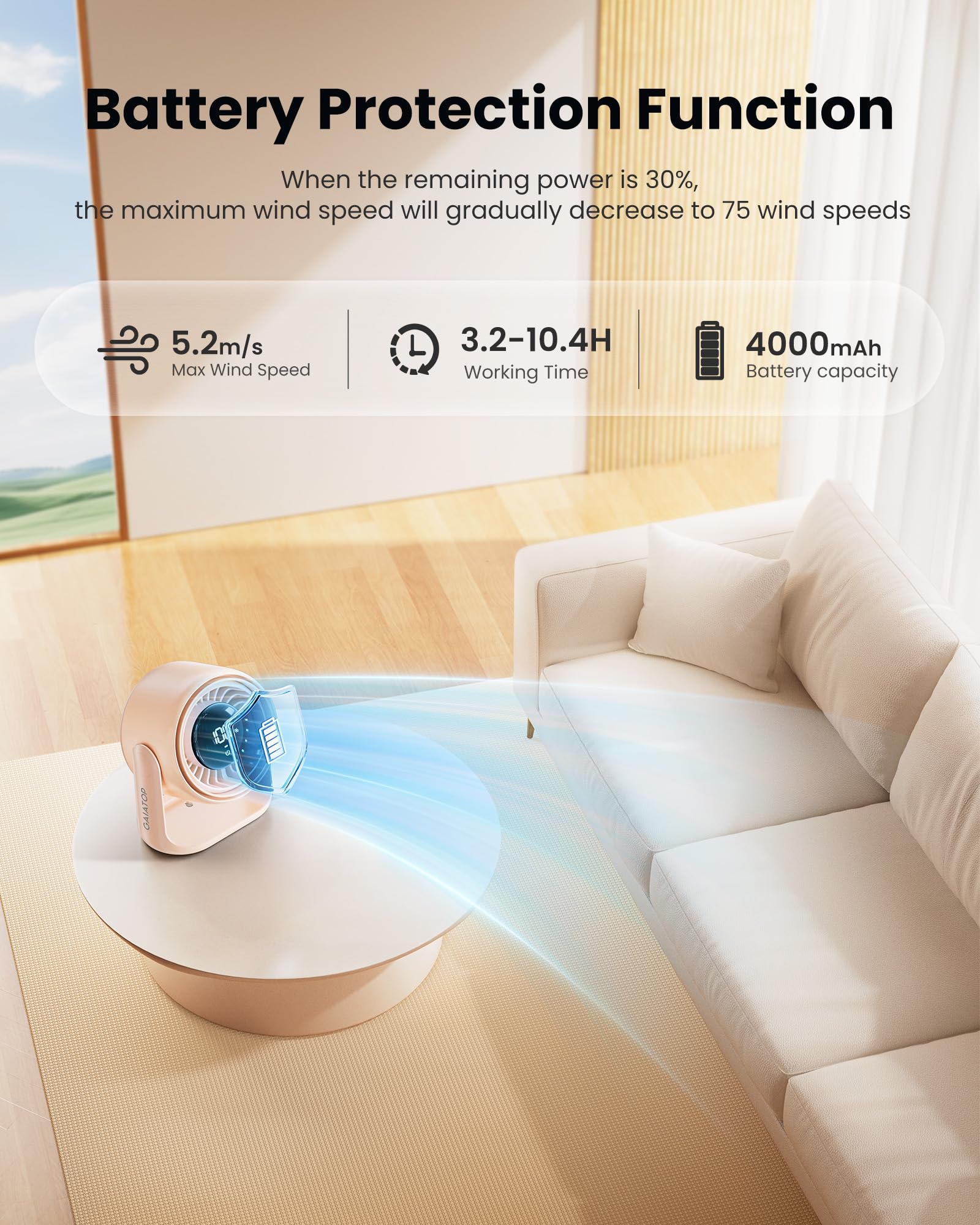 Gaiatop compact desk fan fits on small desks, dorms, or nightstands.
