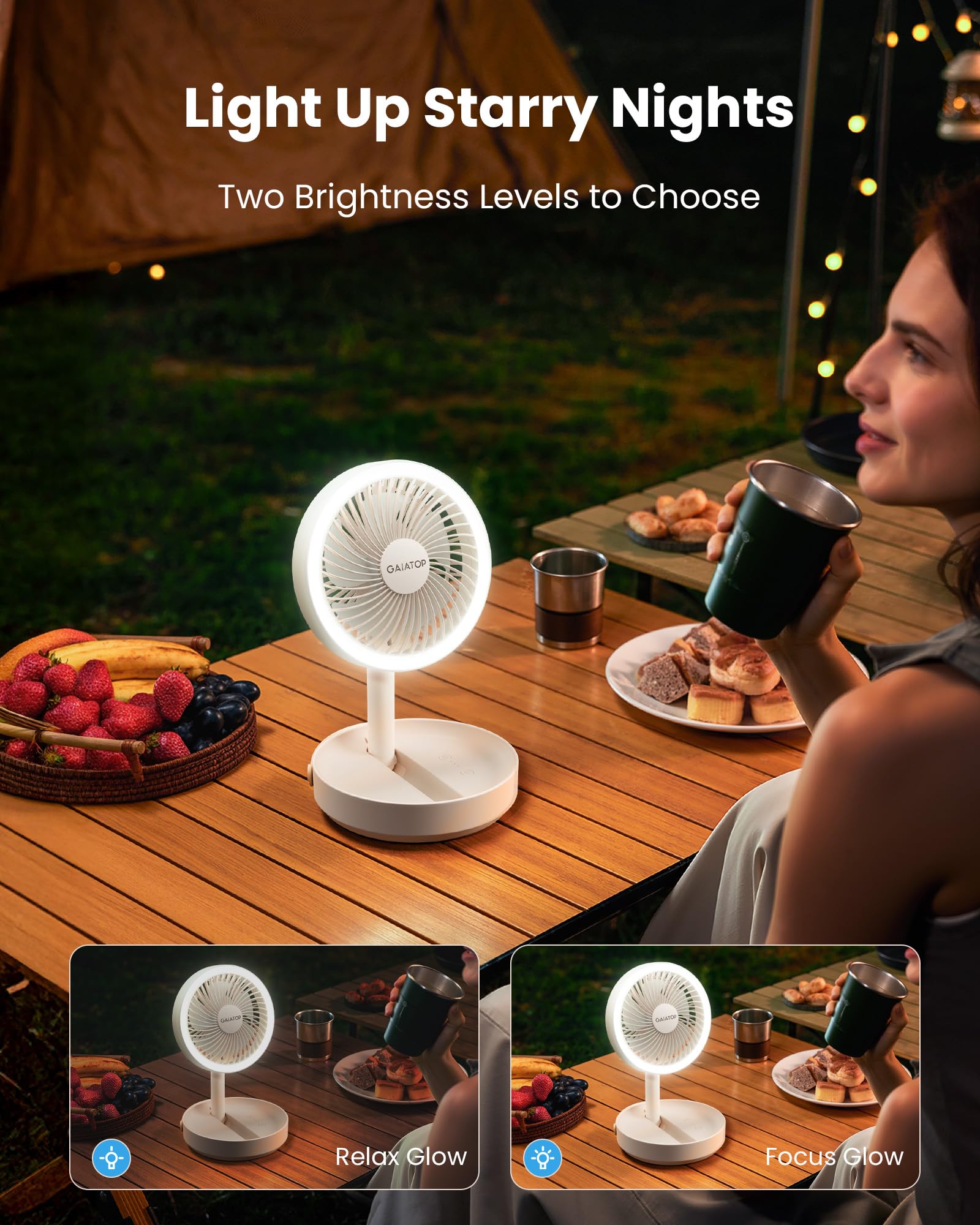 Gaiatop foldable fan tilts 180 degrees for flexible airflow.