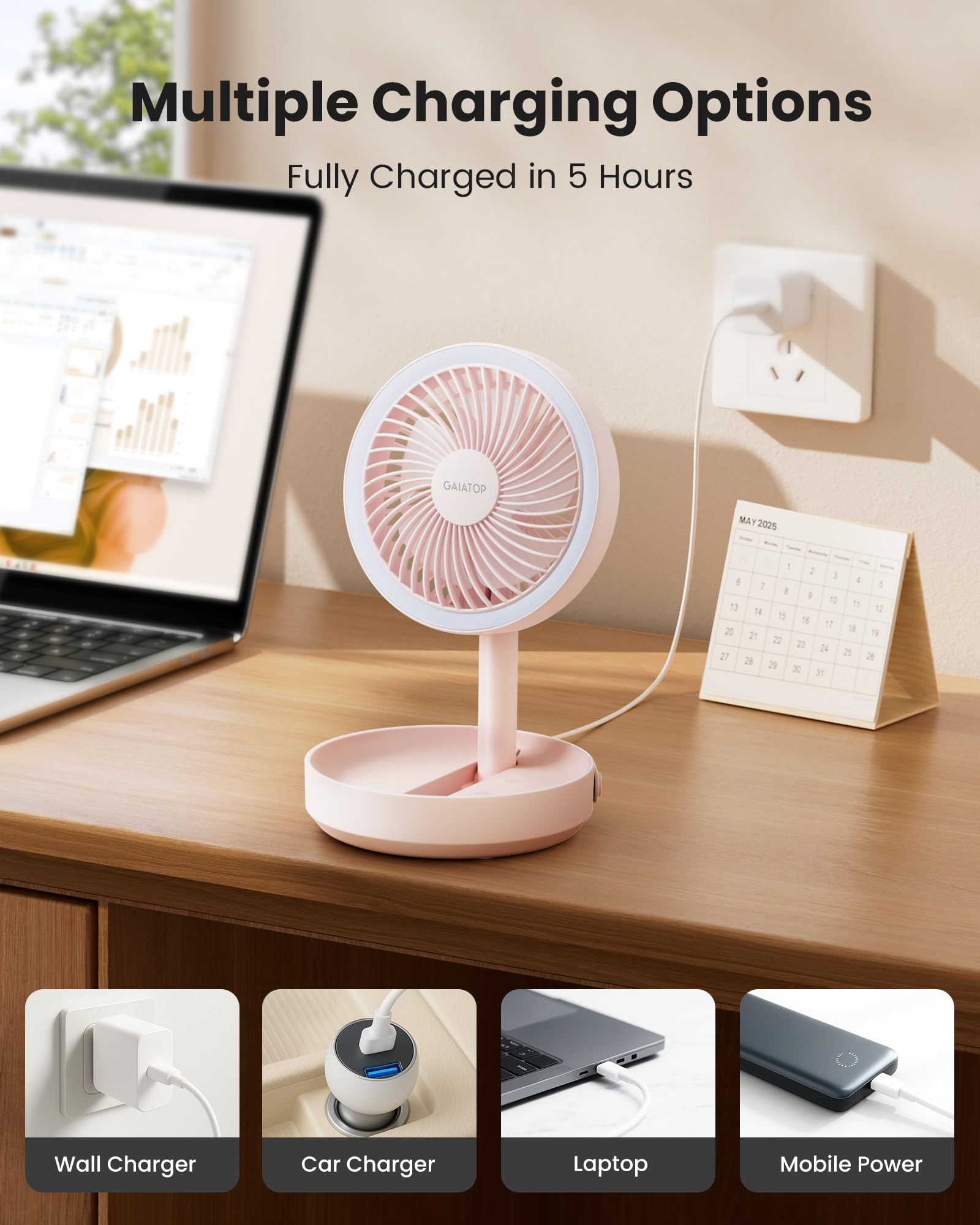 Gaiatop desk fan supports desk, hanging, or wall mounting.