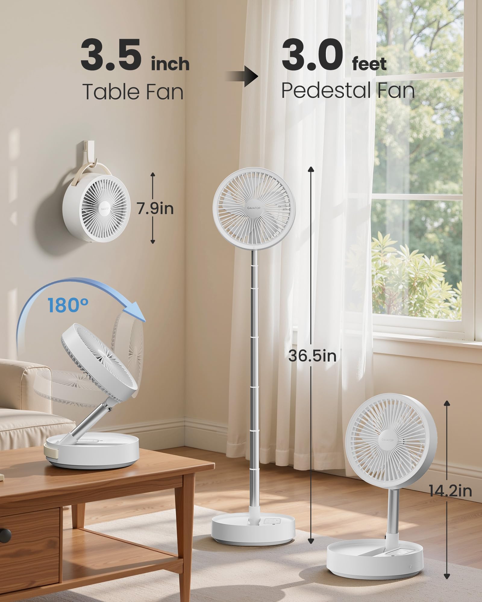 Gaiatop Portable Pedestal Fan 16000mAh battery powering all-day cooling and charging devices