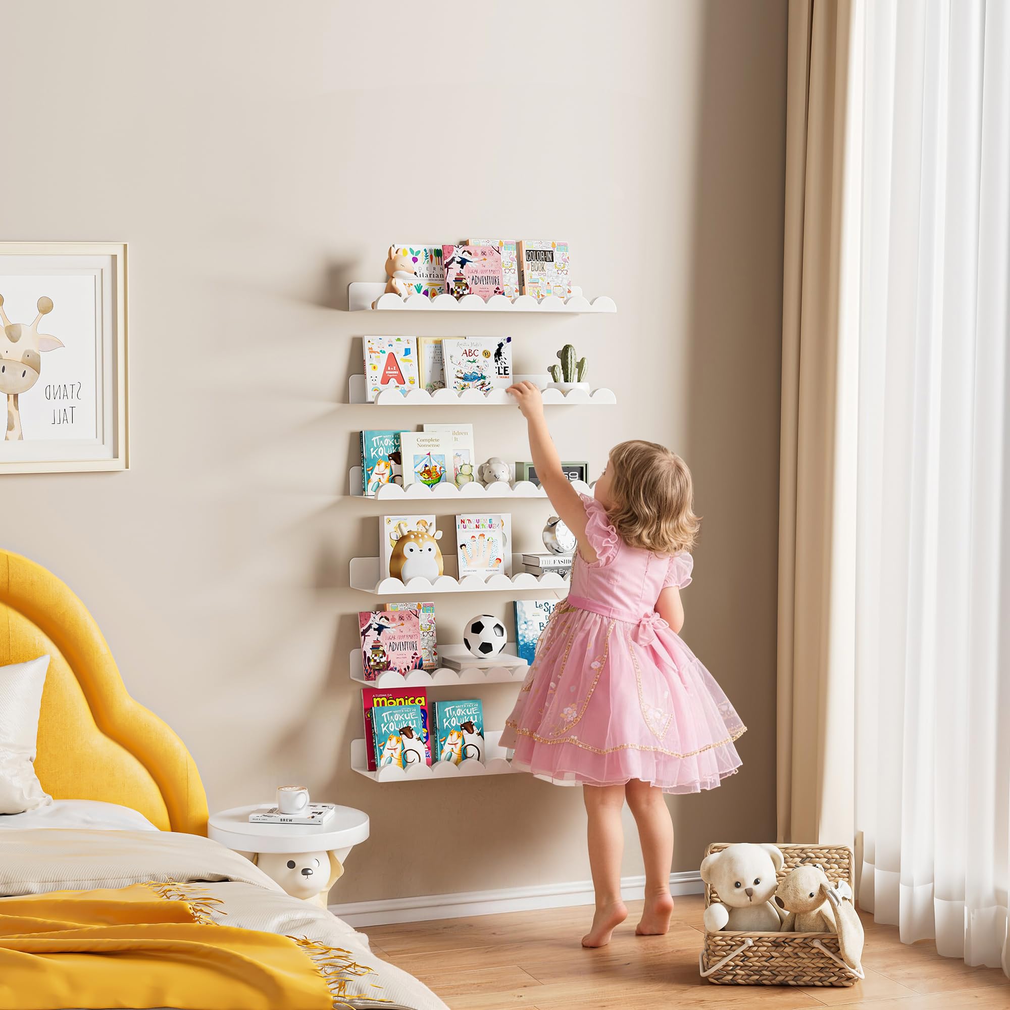 Gailia all-white floating shelves used for plushies and keepsakes in kids room.