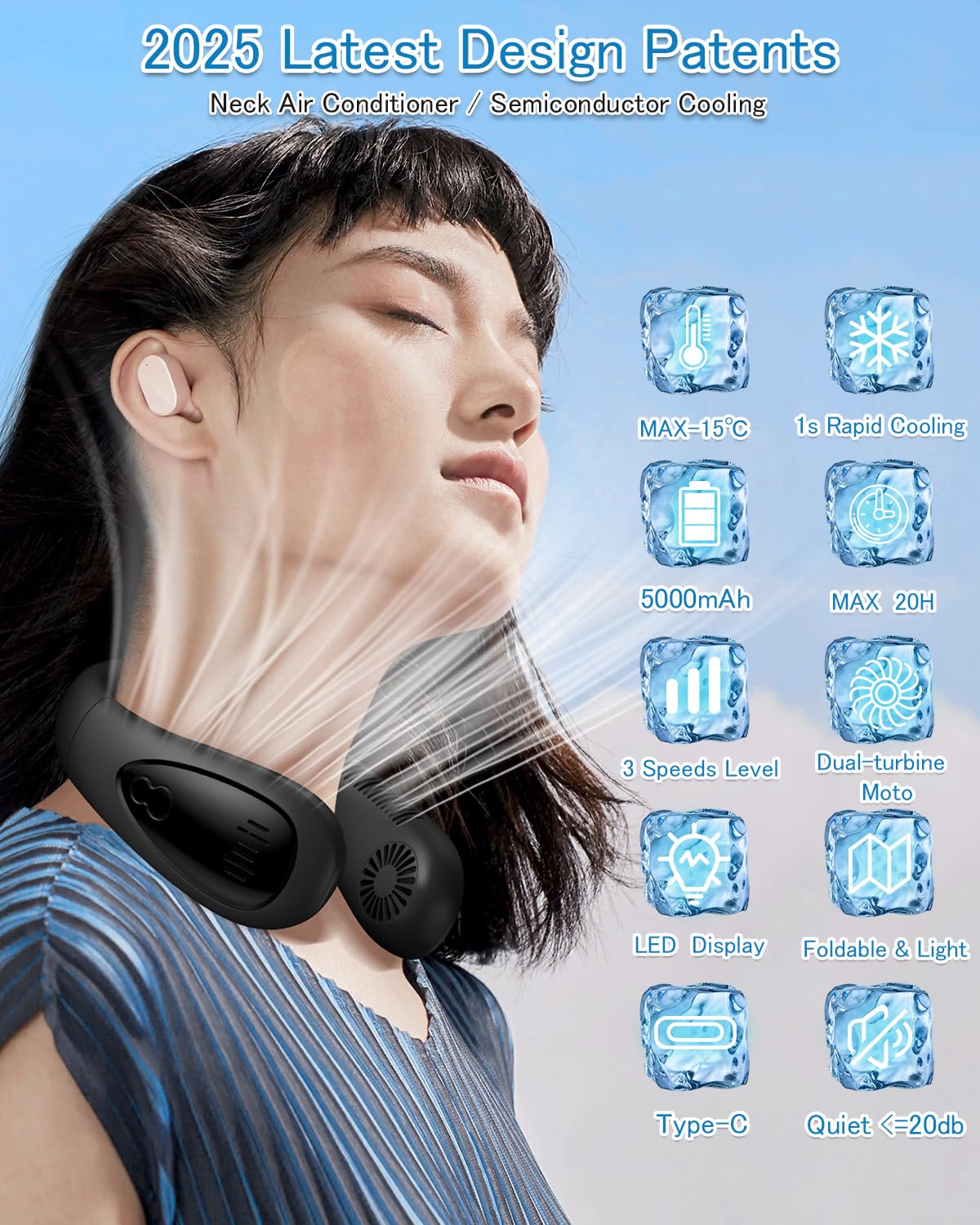 GAITIR neck air conditioner worn around neck for hands-free cooling.
