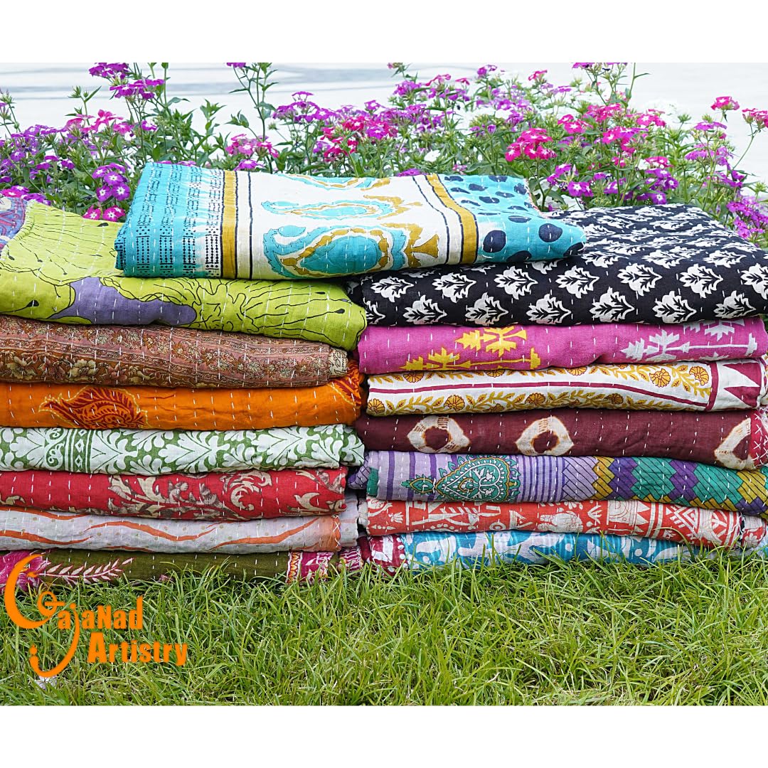 Gajanad Artistry Kantha quilt reversible colors provide versatile decor for any room.