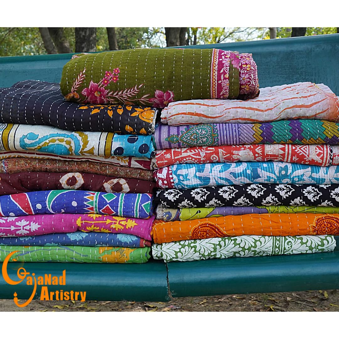Gajanad Artistry Twin-size Kantha quilt 85x55 inches suits beds, sofas, and wall hangings.