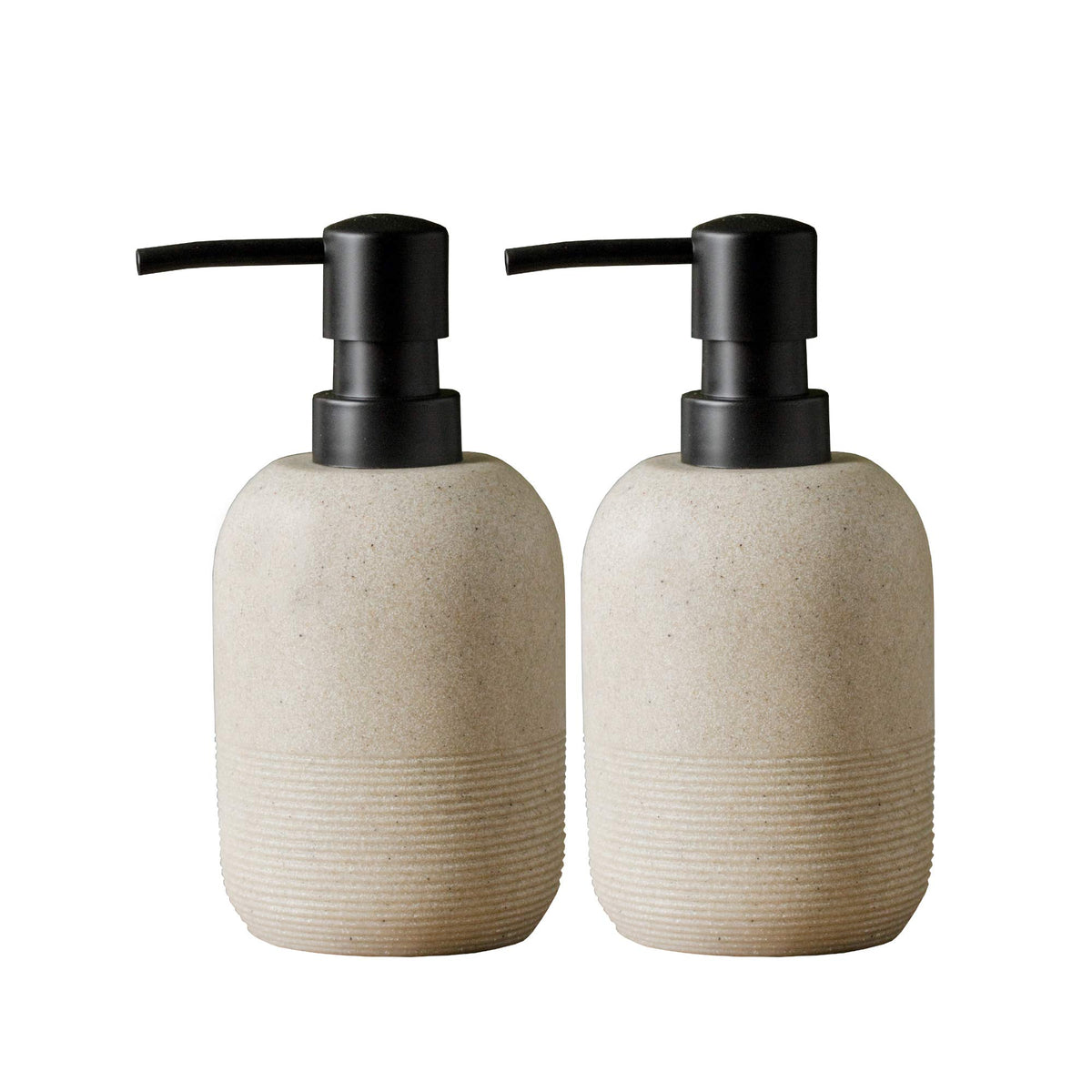 GalDal beige hand soap dispenser set on a bathroom counter with durable resin finish.