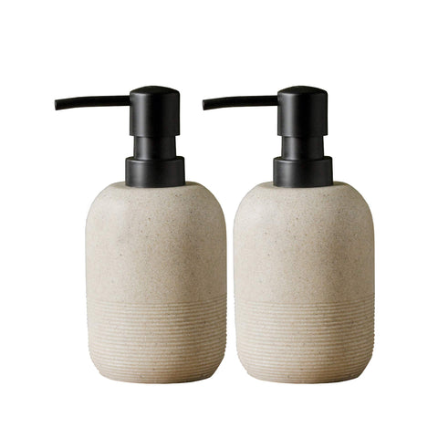 GalDal beige hand soap dispenser set on a bathroom counter with durable resin finish.