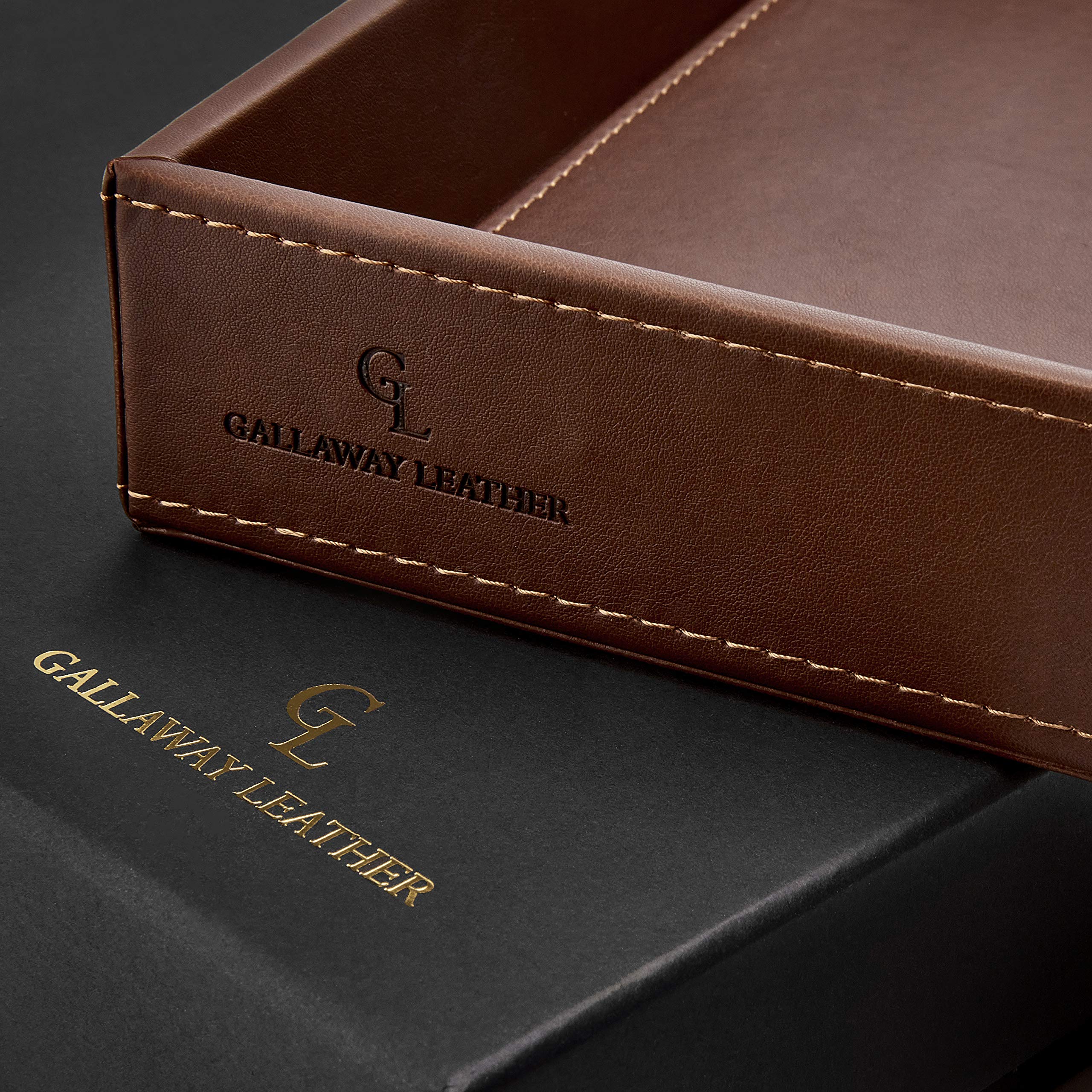 GALLAWAY Leather Valet Tray closeup shows stitching and leather texture for quality.