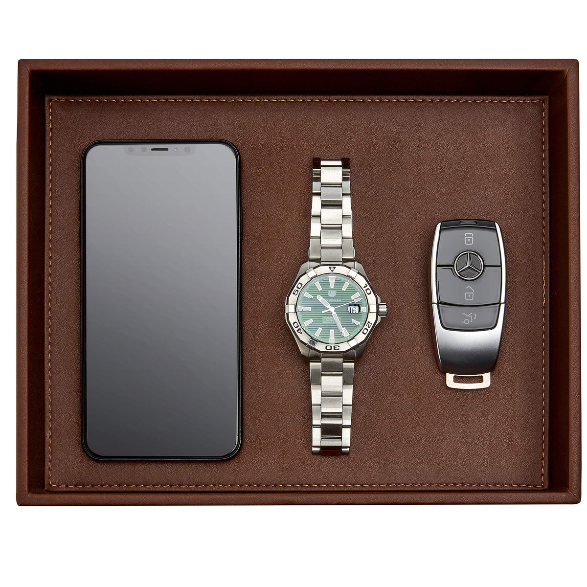 GALLAWAY Leather Valet Tray in dark brown viewed at an angle for an elegant entryway display.