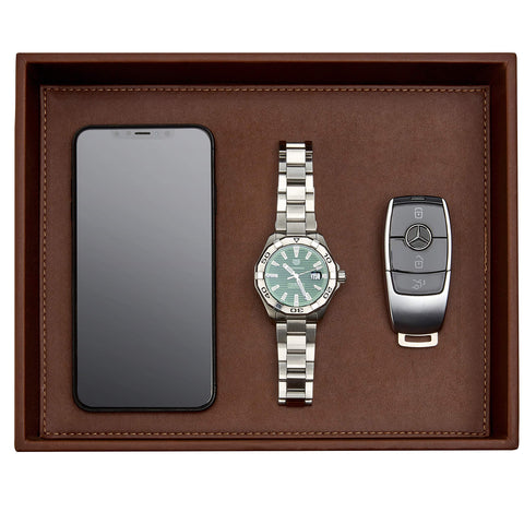 GALLAWAY Leather Valet Tray in dark brown viewed at an angle for an elegant entryway display.