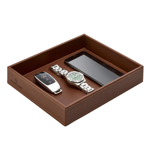 GALLAWAY Leather Valet Tray on a dresser top keeps small items neatly contained.