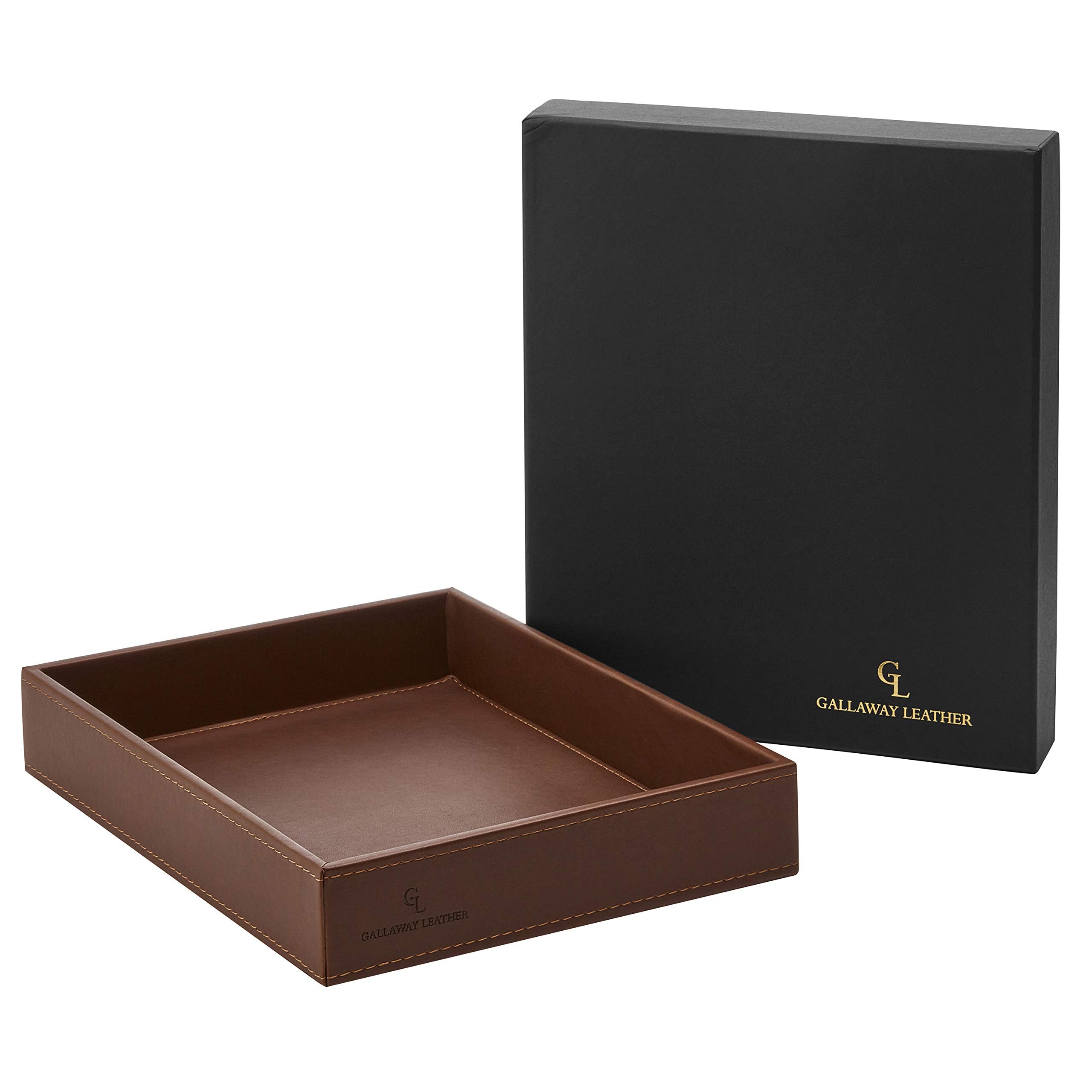GALLAWAY Leather Valet Tray beside a nightstand shows compact bedside organization.