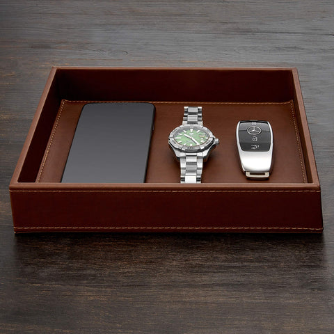 GALLAWAY Leather Valet Tray with wallet, keys, and phone demonstrates everyday carry setup.