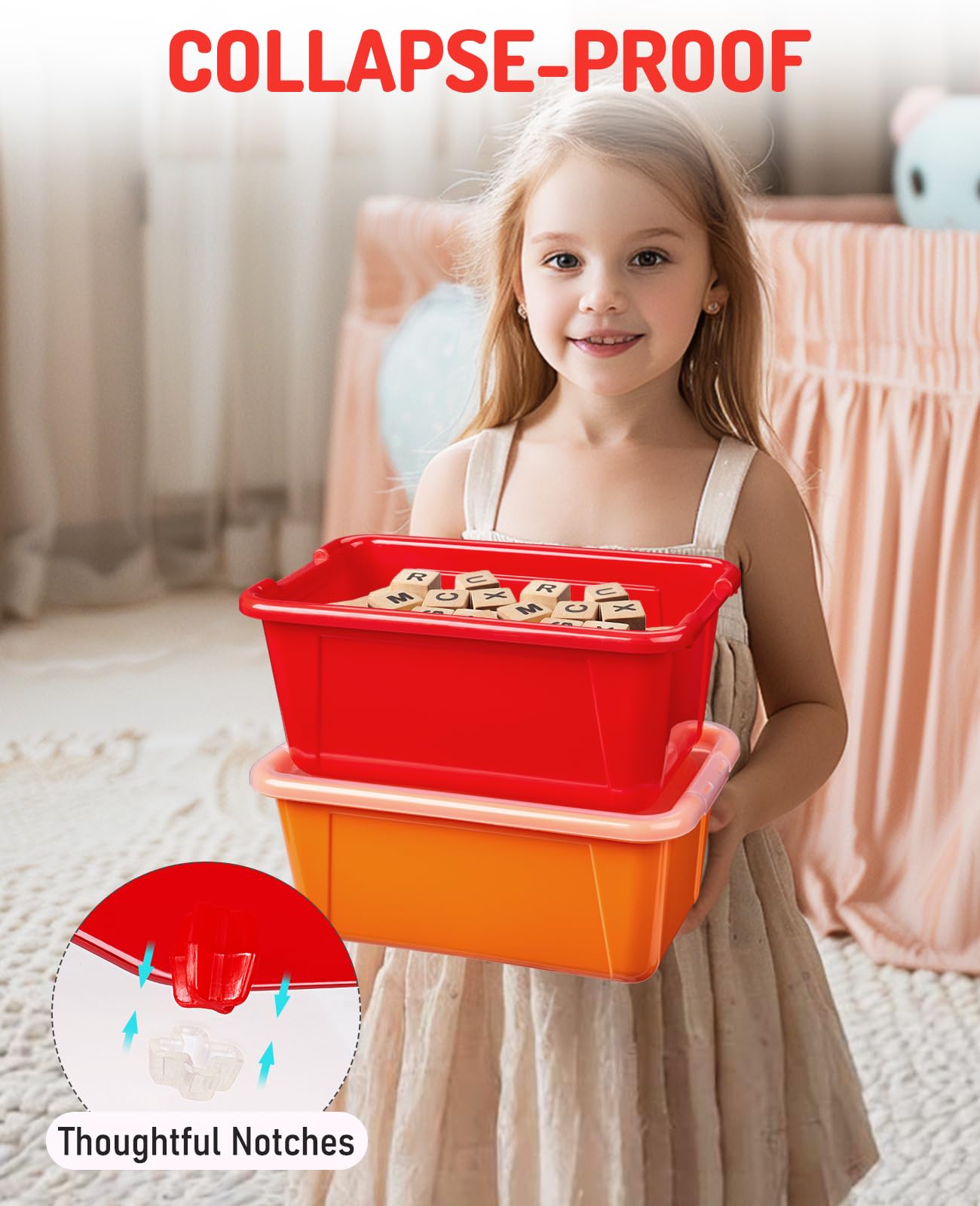 GAMENOTE bin with secure buckles keeps toys and blocks contained.