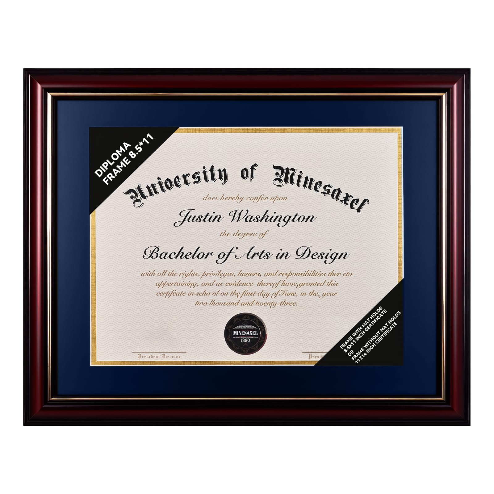 GAMYPET solid wood diploma frame with navy mat displaying 8.5 x 11 certificate
