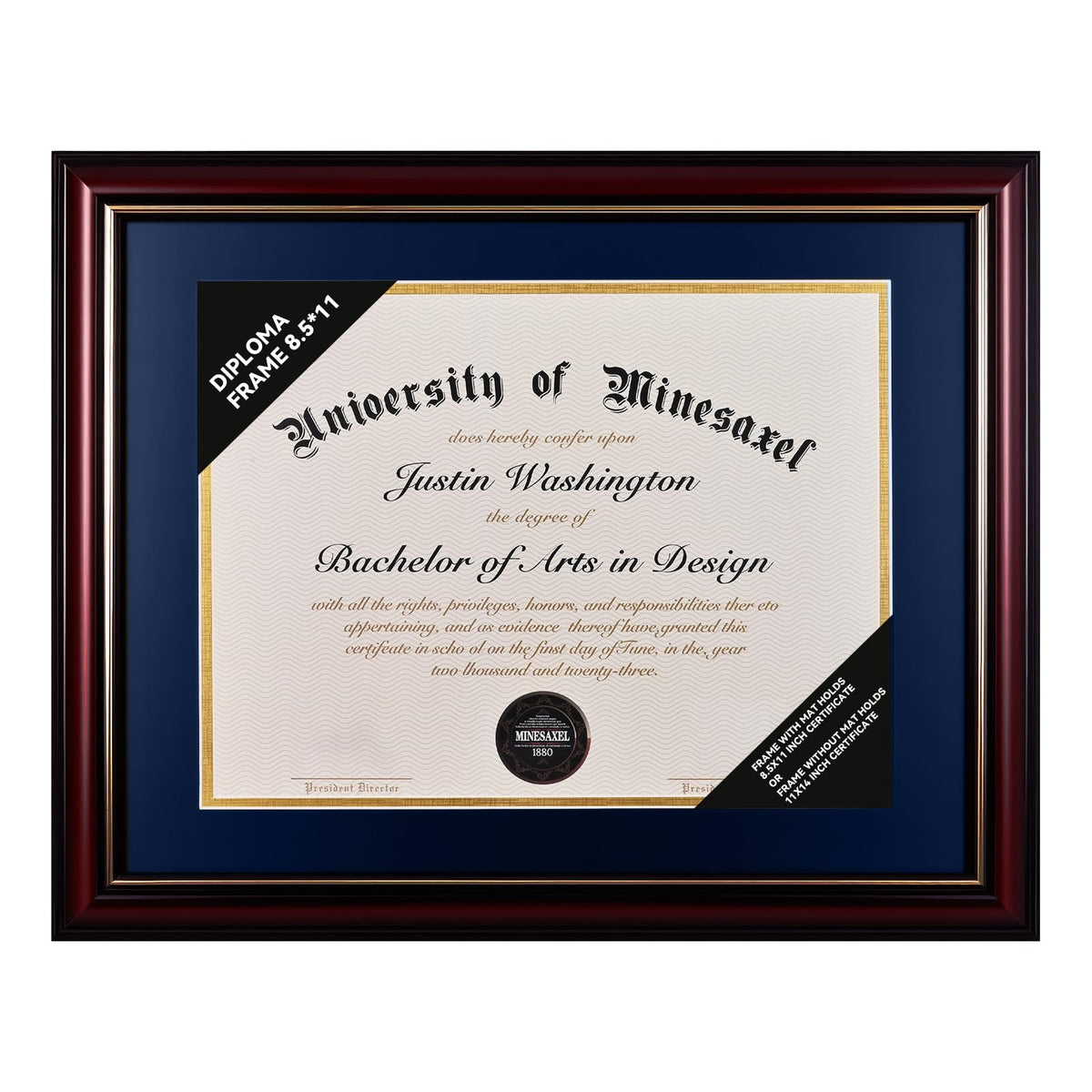 GAMYPET solid wood diploma frame with navy mat displaying 8.5 x 11 certificate