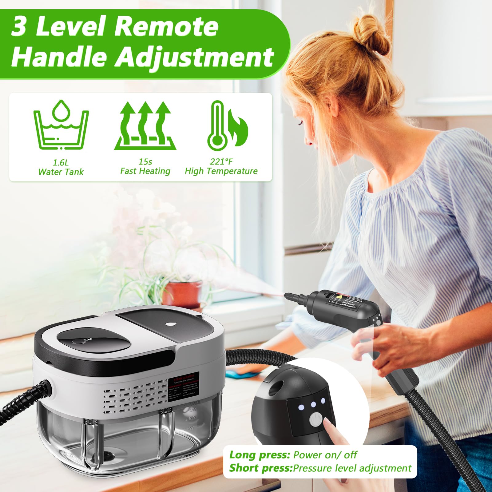 Ganggend Handheld Steam Cleaner with 1.6L tank supports longer cleaning sessions.