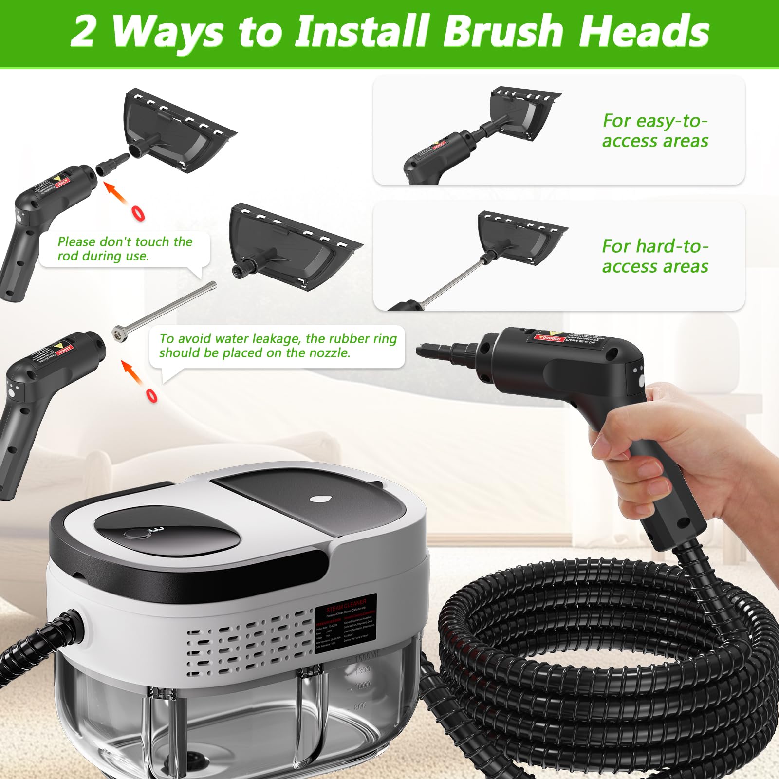 Ganggend steam cleaner extended hose and cord reach hard-to-get spots.