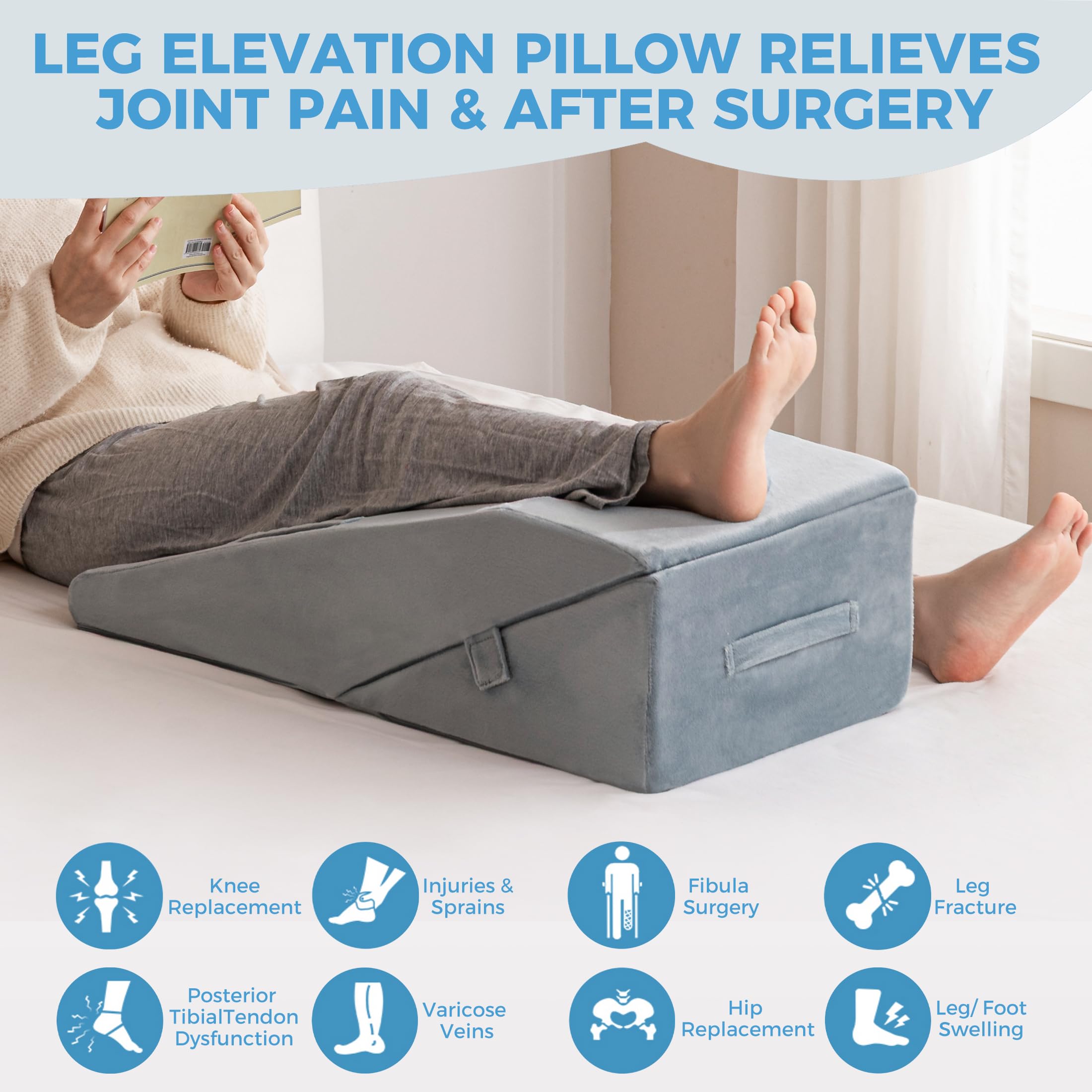 Ganondorf leg elevation pillow in use on a bed demonstrating elevated positioning.