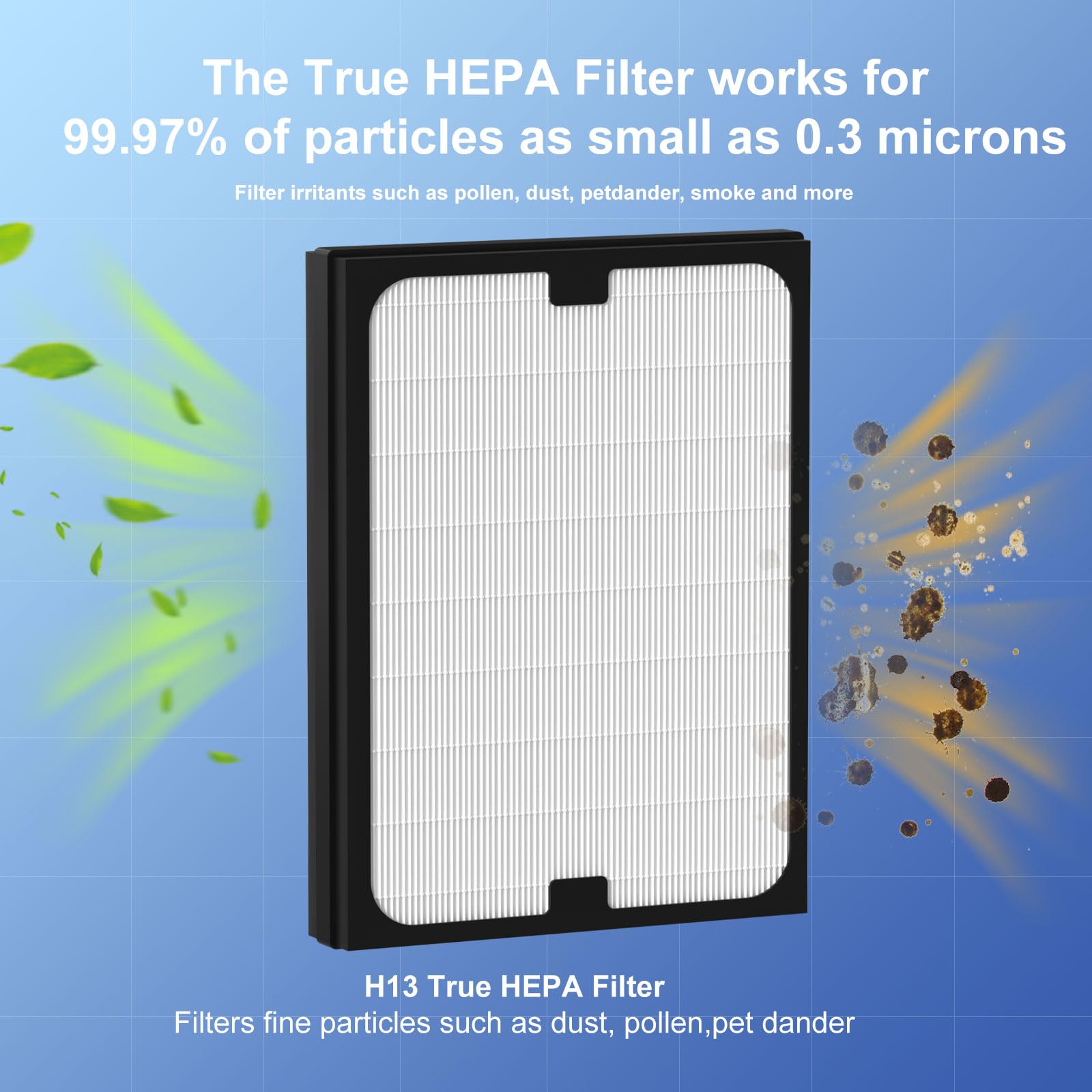 Ganteny HEPA filter closeup highlights 0.3 micron particle capture for cleaner indoor air.