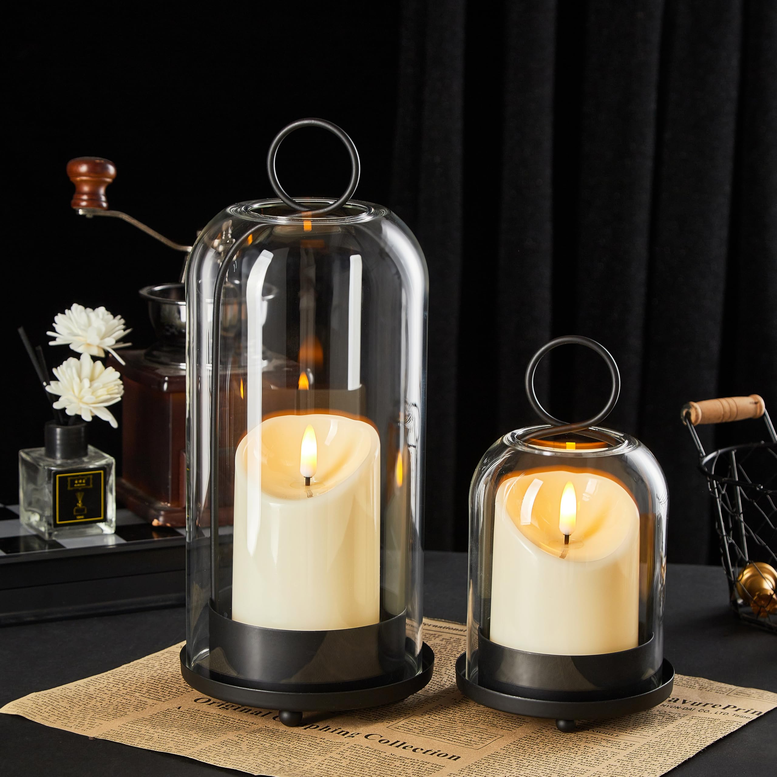 Ganwu hurricane candle holders fit pillar candles and LED options.