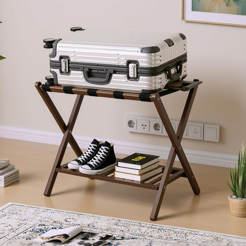 GAOHAPY luggage rack 2-tier design keeps shoes organized.