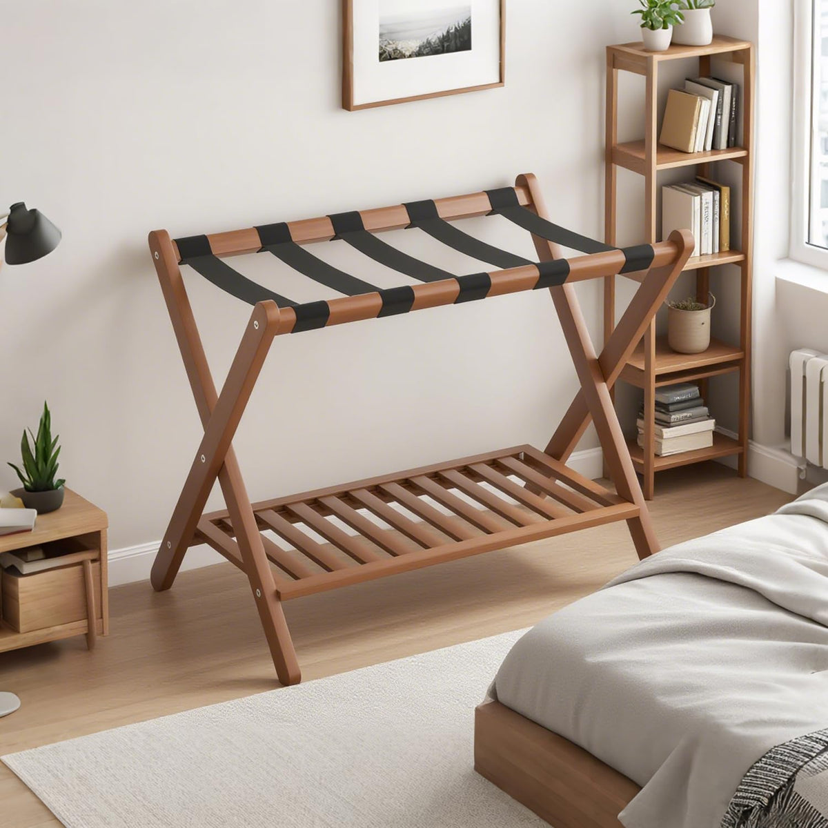 GAOHAPY bamboo luggage rack assembly showcases sturdy design for hotel rooms.