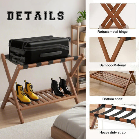 GAOHAPY bamboo luggage rack top shelf supports heavy bags.