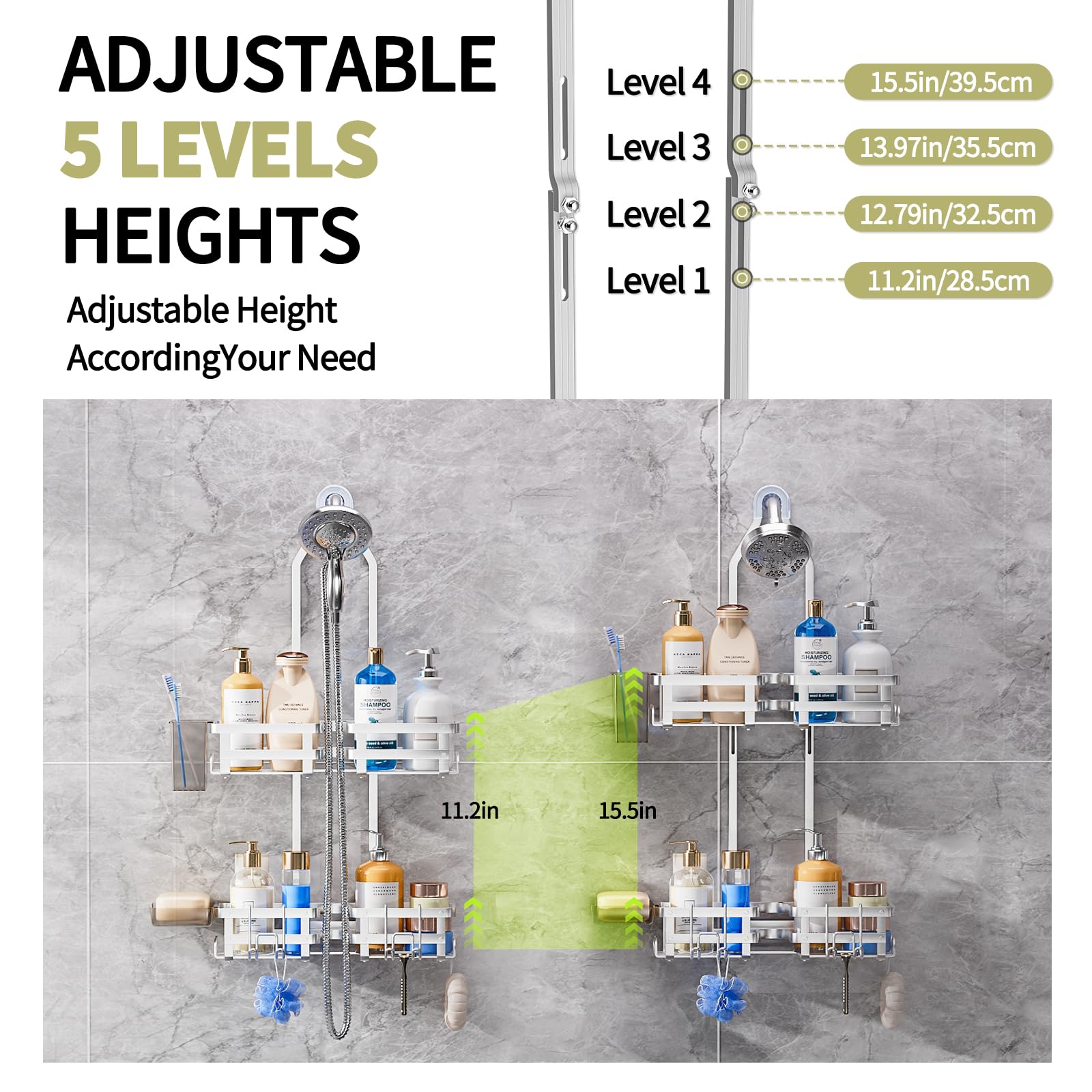 GAOKASE caddy includes hand shower slot for tidy hose arrangement.