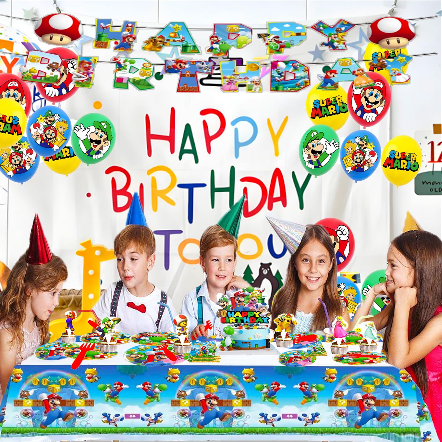 GARDELF 123Pcs Super Bros tablecloth ties the theme together.