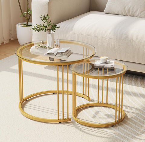 Garden 4 You nesting coffee table with round gold frame, space saving design