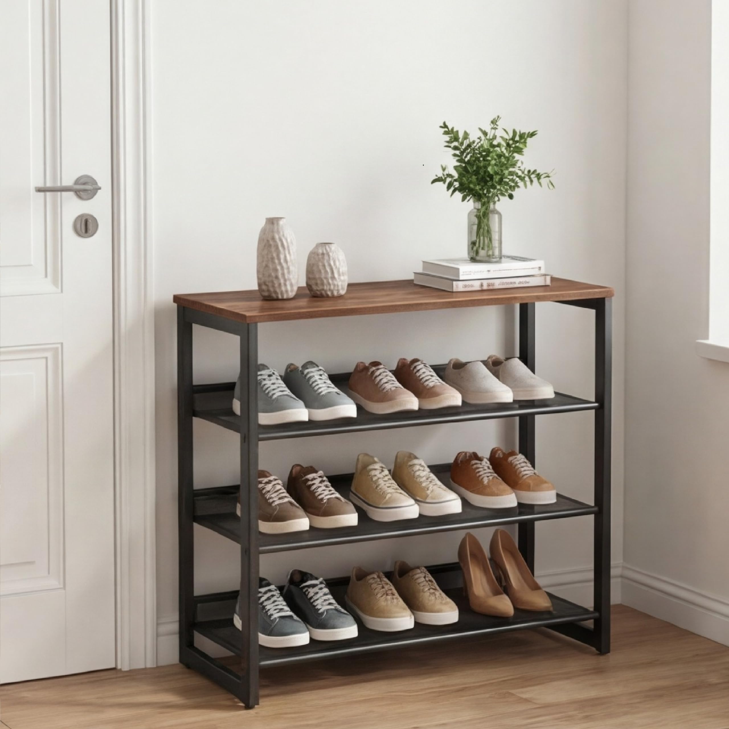 Garden 4 you shoe rack with wood top in entryway for tidy footwear storage.
