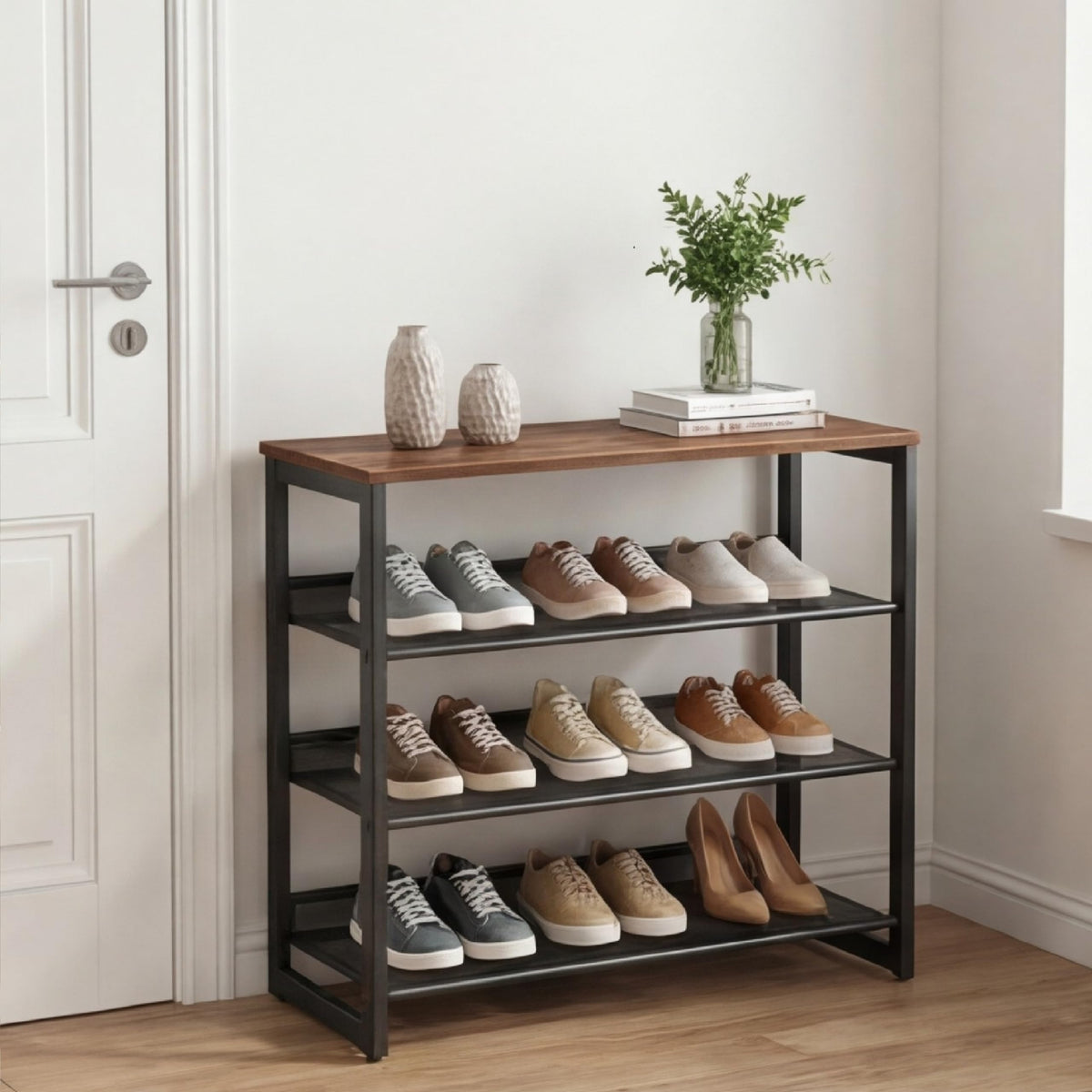 Garden 4 you shoe rack with wood top in entryway for tidy footwear storage.