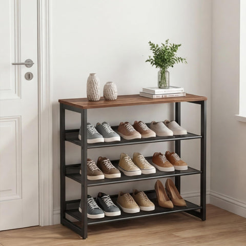 Garden 4 you shoe rack with wood top in entryway for tidy footwear storage.