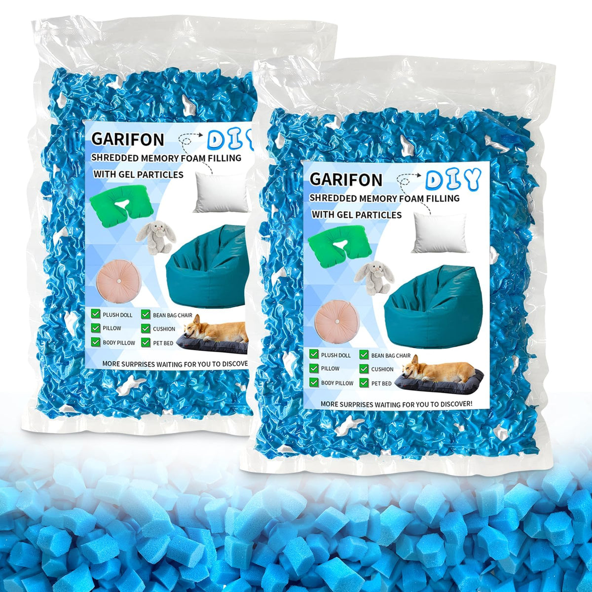 Garifon memory foam bean bag filler close-up showing plush, moldable texture.