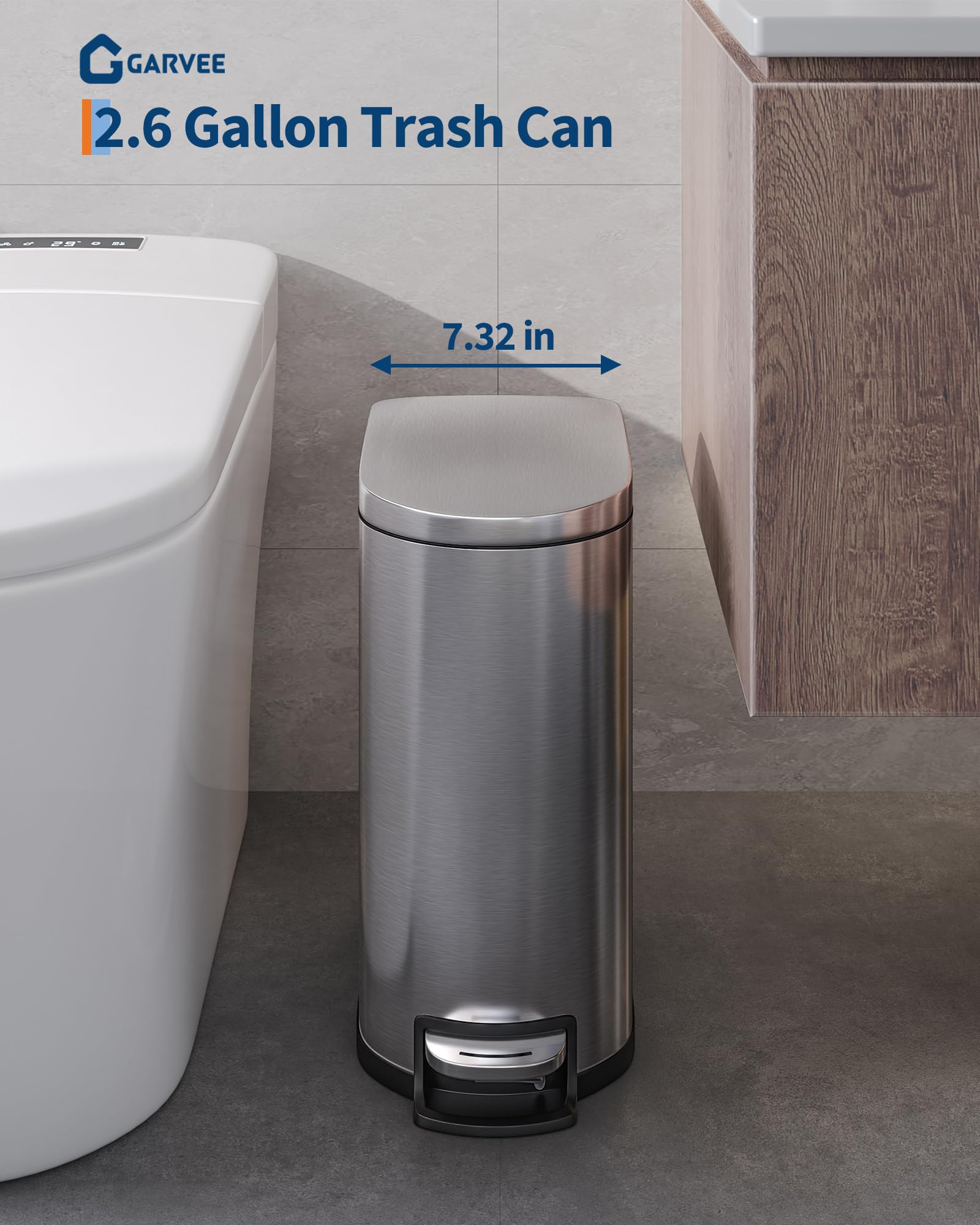 Garvee 2.6-gal trash can front view highlighting compact footprint for tight spaces.